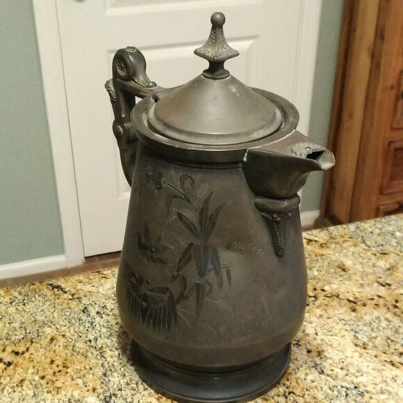 Meridian B Co Silver Plate Devil Pitcher Ceramic Liner 1868 Victorian 13.5" - Picture 5 of 9